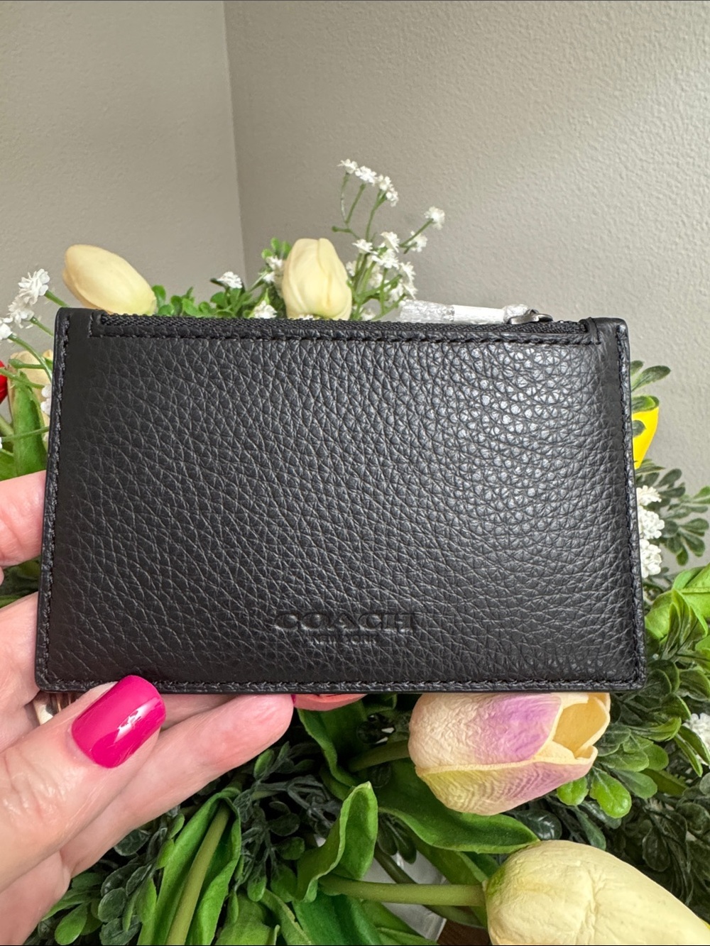 Coach Black Pebbled Leather Card Holder with Embossed Logo